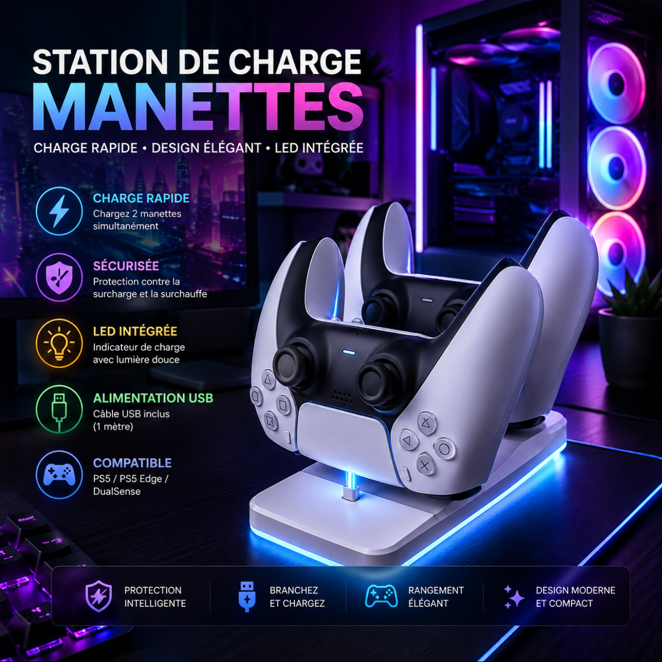 Support de charge à double contrôleur GAMINJA pour Playstation 5 Station de charge de contrôleur PS5 avec adaptateur secteur à charge rapide 5V 1.2A