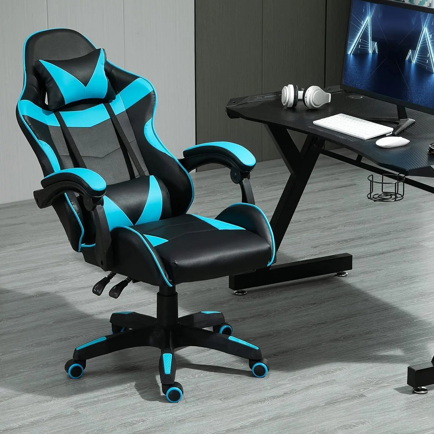 Chaise de jeu pivotante MCC, faux cuir, chaise de bureau à domicile, chaise de bureau, avec fonction d’inclinaison, modèle A
