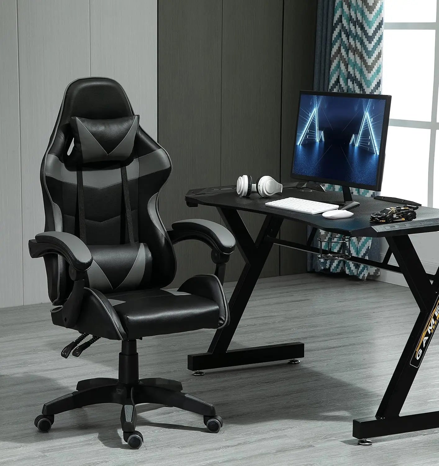 Chaise de jeu pivotante MCC, faux cuir, chaise de bureau à domicile, chaise de bureau, avec fonction d’inclinaison, modèle A
