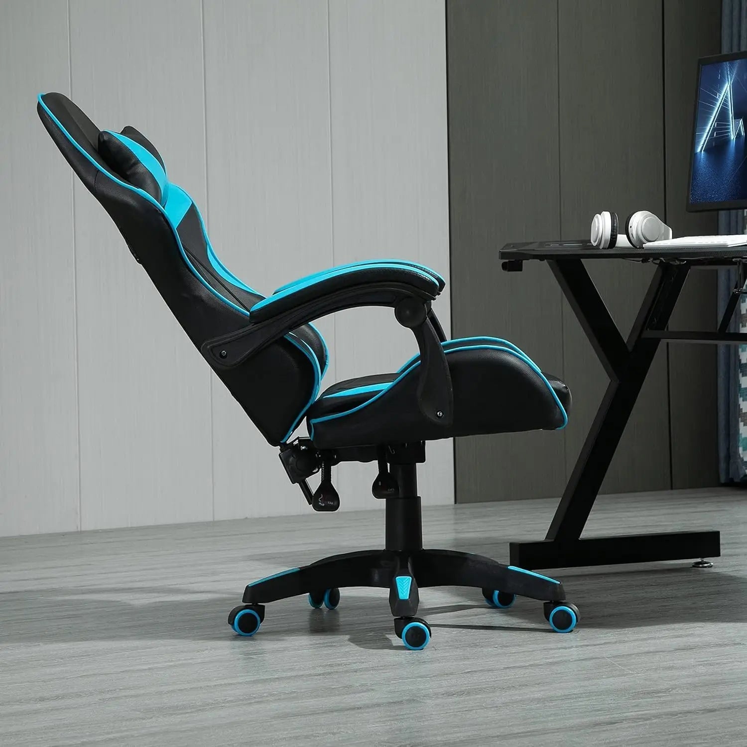 Chaise de jeu pivotante MCC, faux cuir, chaise de bureau à domicile, chaise de bureau, avec fonction d’inclinaison, modèle A