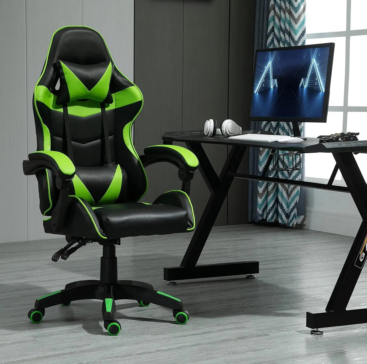 Chaise de jeu pivotante MCC, faux cuir, chaise de bureau à domicile, chaise de bureau, avec fonction d’inclinaison, modèle A