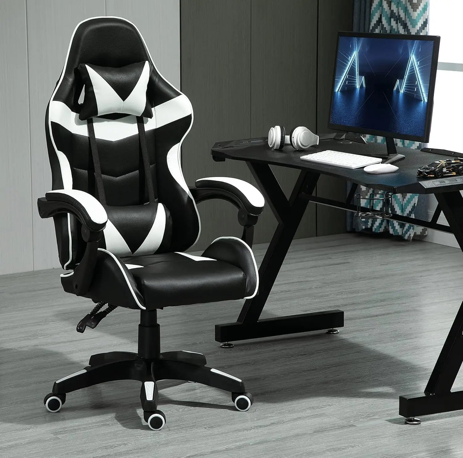 Chaise de jeu pivotante MCC, faux cuir, chaise de bureau à domicile, chaise de bureau, avec fonction d’inclinaison, modèle A