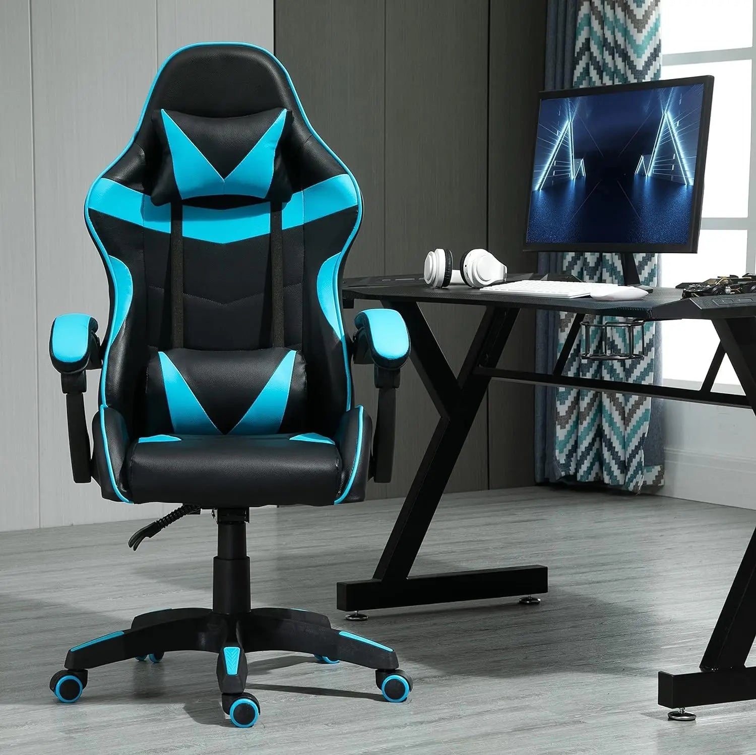 Chaise de jeu pivotante MCC, faux cuir, chaise de bureau à domicile, chaise de bureau, avec fonction d’inclinaison, modèle A