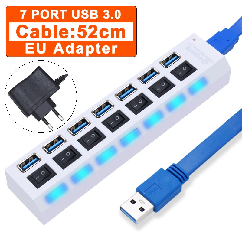 USB Hub 3.0 Hub USB 3 USB 2.0 Multi USB Splitter Adaptateur secteur 4/7 Port Multiple Expander 2.0 avec commutateur pour accessoires PC
