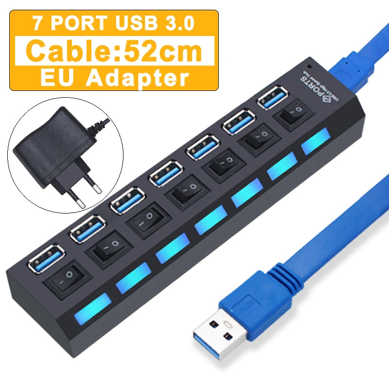 USB Hub 3.0 Hub USB 3 USB 2.0 Multi USB Splitter Adaptateur secteur 4/7 Port Multiple Expander 2.0 avec commutateur pour accessoires PC