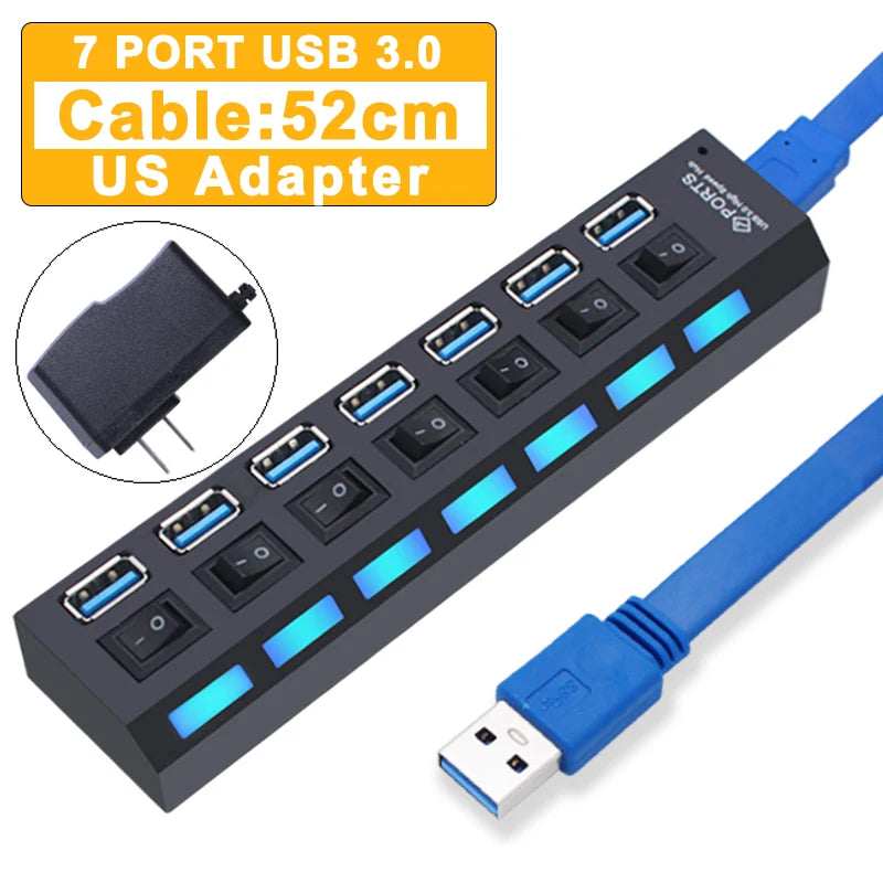 USB Hub 3.0 Hub USB 3 USB 2.0 Multi USB Splitter Adaptateur secteur 4/7 Port Multiple Expander 2.0 avec commutateur pour accessoires PC