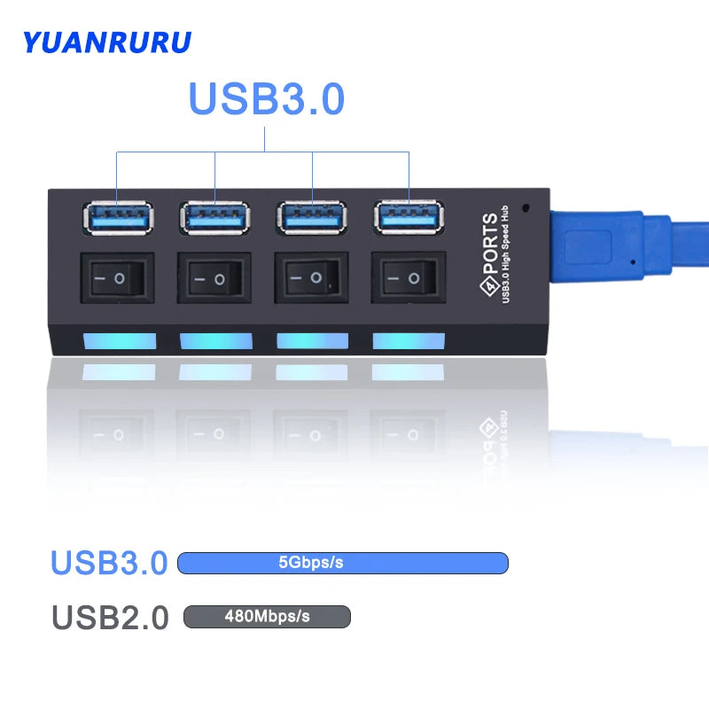 USB Hub 3.0 Hub USB 3 USB 2.0 Multi USB Splitter Adaptateur secteur 4/7 Port Multiple Expander 2.0 avec commutateur pour accessoires PC