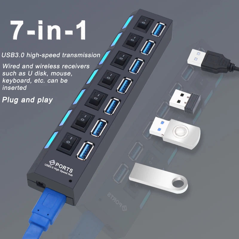 USB Hub 3.0 Hub USB 3 USB 2.0 Multi USB Splitter Adaptateur secteur 4/7 Port Multiple Expander 2.0 avec commutateur pour accessoires PC