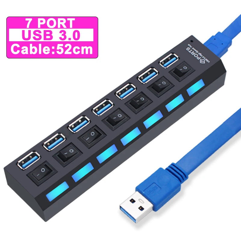 USB Hub 3.0 Hub USB 3 USB 2.0 Multi USB Splitter Adaptateur secteur 4/7 Port Multiple Expander 2.0 avec commutateur pour accessoires PC