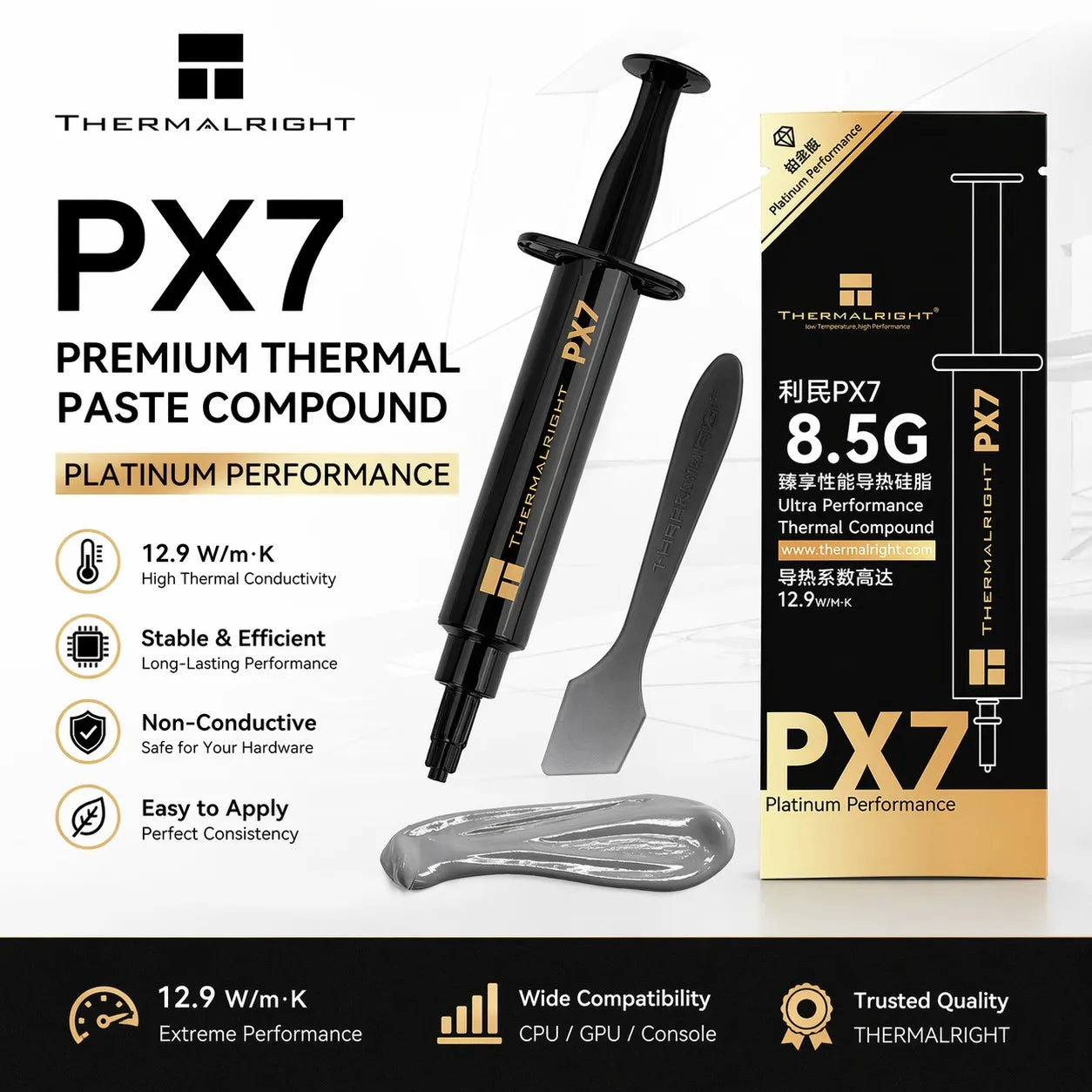 Thermalright PX7 Pâte thermique 12,9 W/m-k Composé thermique haute performance CPU GPU Dissipateur de chaleur Graisse de refroidissement 8.5g avec spatule