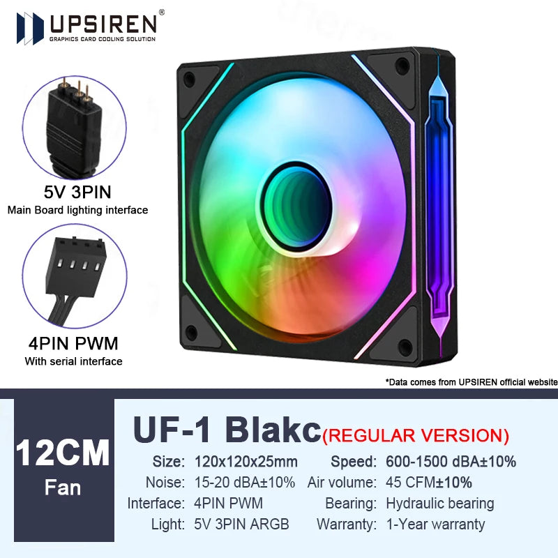 UPSIREN UF-1 PRISM 4 PRO Ventilateur de châssis d’ordinateur 12cm ARGB 4 broches PWM Ventilateur de refroidissement silencieux 12V Grand volume d’air 45.2CFM/600-1500RPM