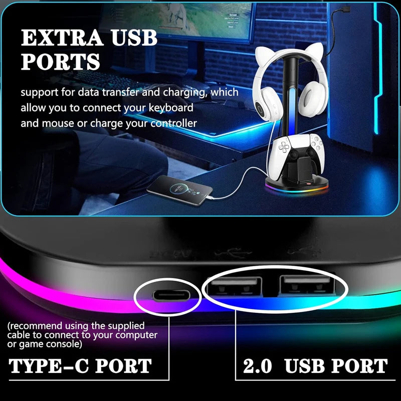 Station de charge du contrôleur avec support de casque RVB Support de chargeur W 2 ports USB Support de casque pour PS5/4 Xbox Series X/S Switch