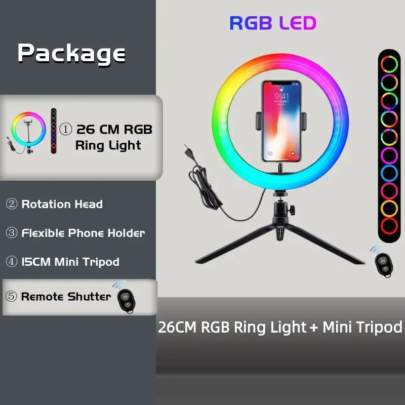 Lampe d’éclairage d’anneau RVB Télécommande ronde pour Smartphone Mobile Led Anneau lumineux vidéo pour le maquillage Youtube Éclairage photographique