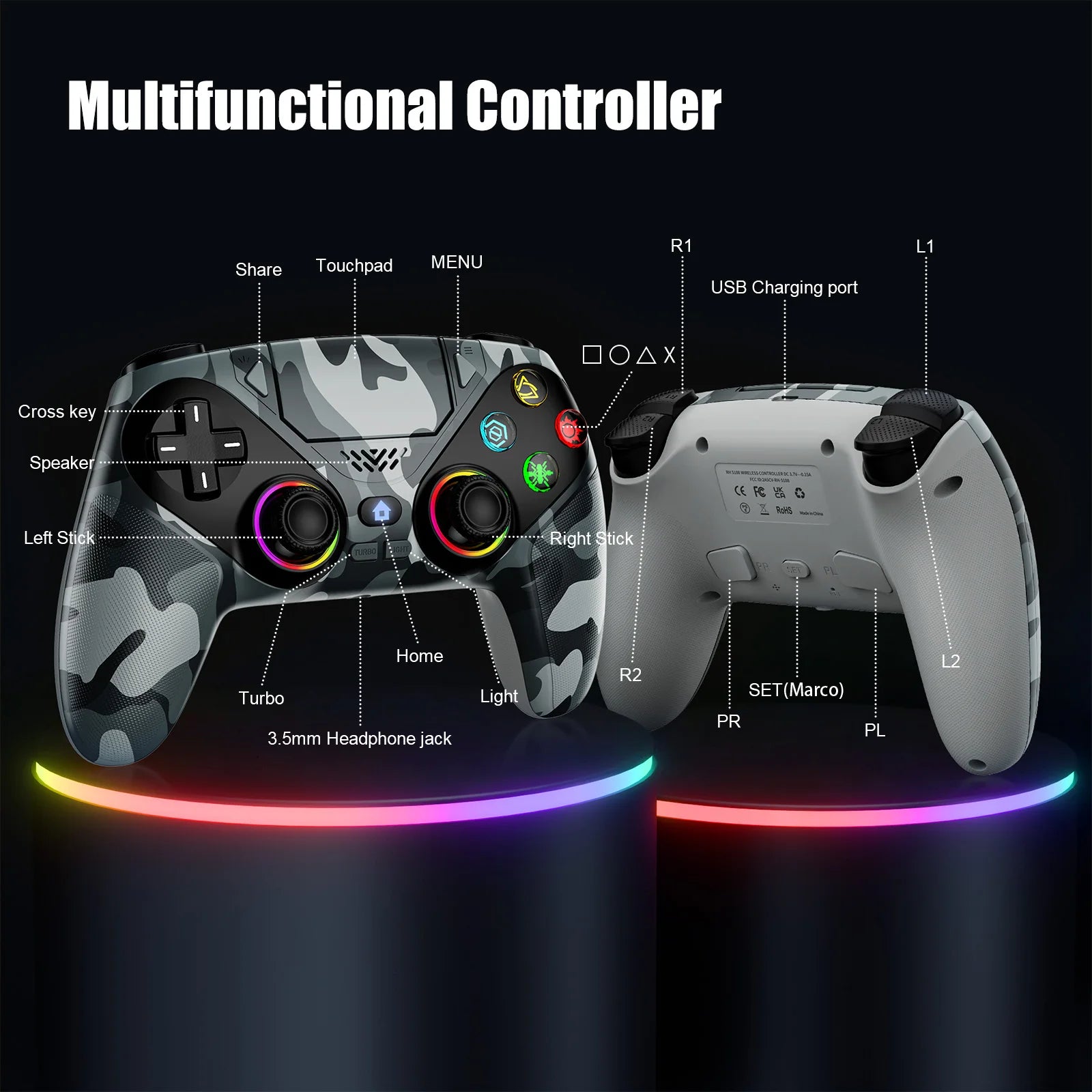 Contrôleur pour Playstation 5 PS5/PS5 Pro/Slim/PC, manette de jeu sans fil RVB avec déclencheur à effet Hall Marco/Turbo Joystick de jeu anti-dérive