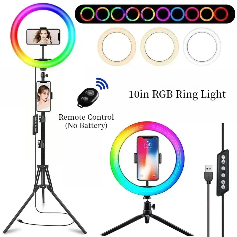 Lampe d’éclairage d’anneau RVB Télécommande ronde pour Smartphone Mobile Led Anneau lumineux vidéo pour le maquillage Youtube Éclairage photographique