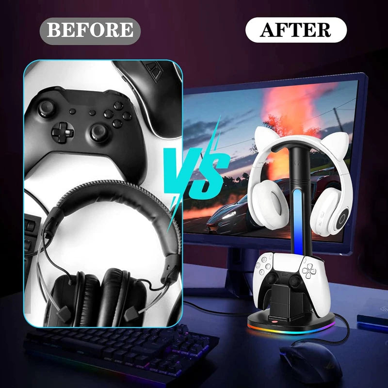 Station de charge du contrôleur avec support de casque RVB Support de chargeur W 2 ports USB Support de casque pour PS5/4 Xbox Series X/S Switch
