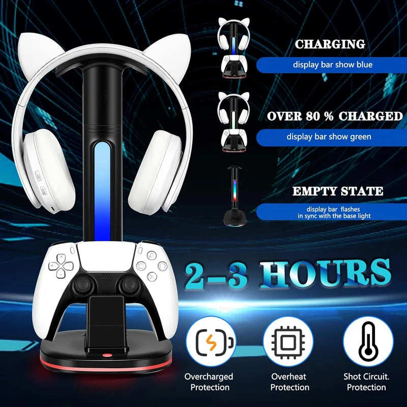 Station de charge du contrôleur avec support de casque RVB Support de chargeur W 2 ports USB Support de casque pour PS5/4 Xbox Series X/S Switch