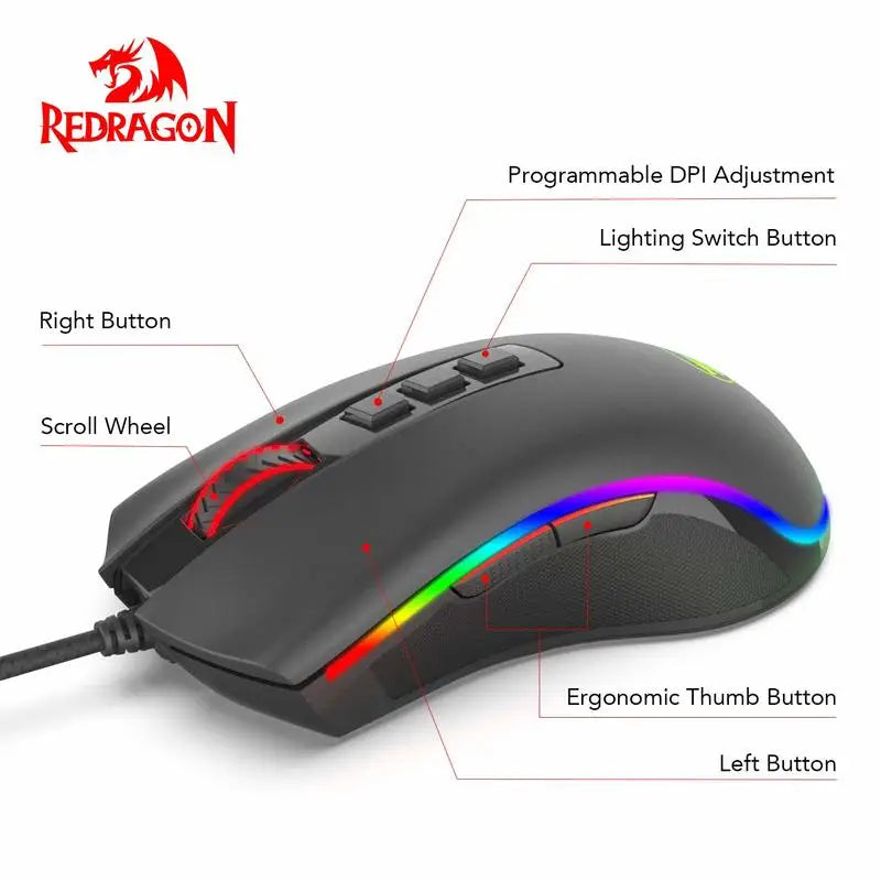 Redragon M711 PC Gaming Mouse Souris filaire 7 boutons programmables personnalisable RGB 10 000 DPI Souris ergonomique