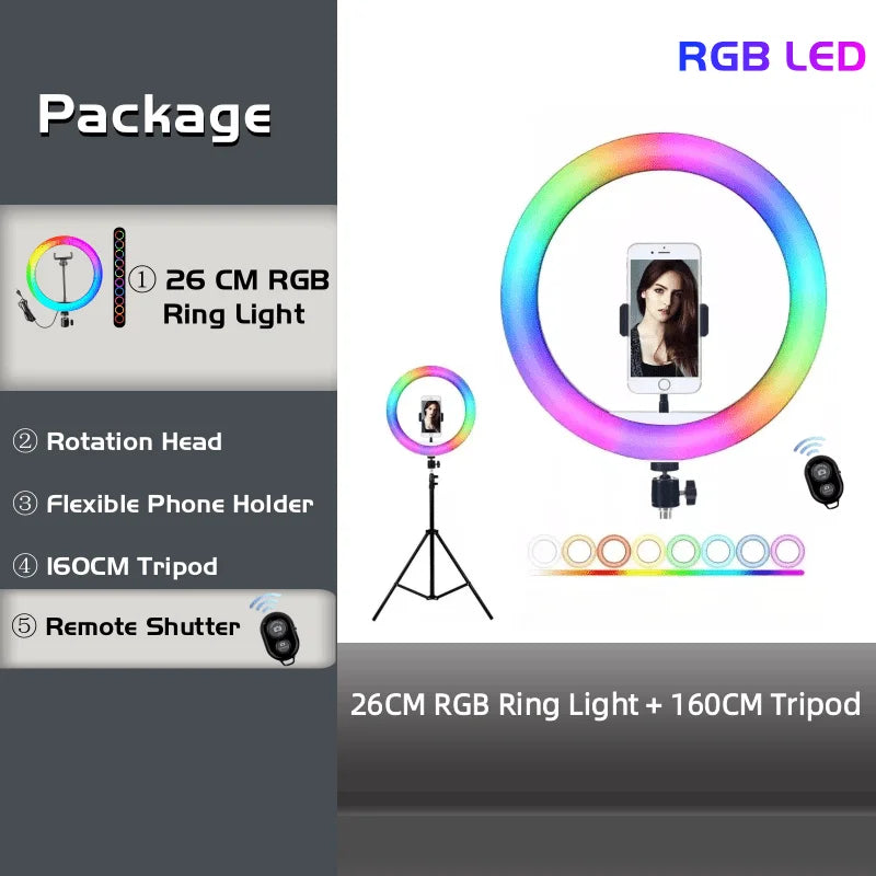 Lampe d’éclairage d’anneau RVB Télécommande ronde pour Smartphone Mobile Led Anneau lumineux vidéo pour le maquillage Youtube Éclairage photographique