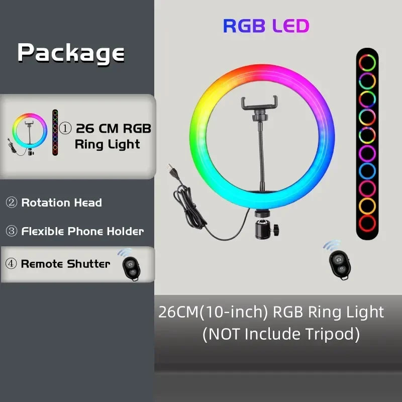 Lampe d’éclairage d’anneau RVB Télécommande ronde pour Smartphone Mobile Led Anneau lumineux vidéo pour le maquillage Youtube Éclairage photographique